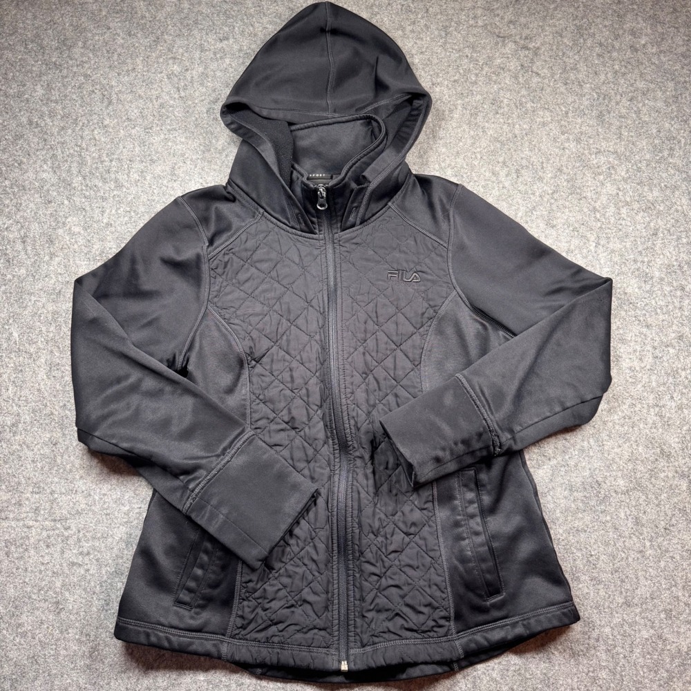 Fila Sport Womens Black Quilted Full Zip Hooded Jacket Size Medium Activewear